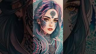 Fantasy Watercolor hot Women with Tattoos