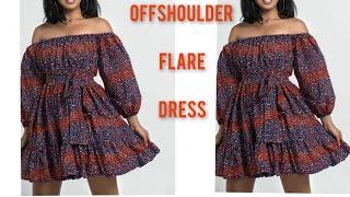 How to make an OFFSHOULDER DRESS WITH ELASTIC / OFFSHOULDER FLARE DRESS //African print dress