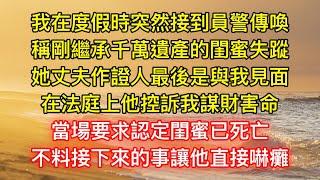 我在度假時突然接到員警傳喚，稱剛繼承千萬遺產的閨蜜失蹤，她丈夫作證人最後是與我見面，在法庭上他控訴我謀財害命，當場要求認定閨蜜已死亡，不料接下來的事讓他直接嚇癱