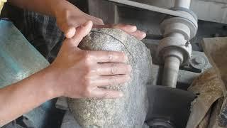 Cutting big Jade Jadeite Bolder searching for Green