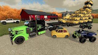 Delivering TONS of cars to huge farm full of workers | Farming Simulator 22