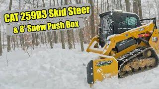 Trying our NEW CAT 259D3 Skid Steer with an 8' Express Steel Snow Push Box for the first time!