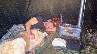 Hot Tent Camping in Heavy Rain All Day! - Caught in Rainstorm With My Dog!