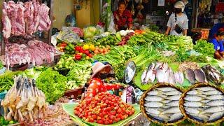 Asian food market scenes, Cambodian early morning food market, massive food supplies