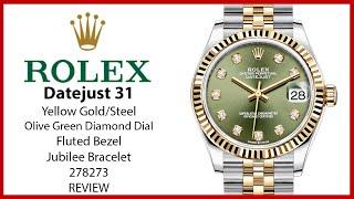 ▶Rolex Datejust 31 Yellow Gold/Steel Olive Green Diamond Dial & Fluted Bezel Jubilee 278273 - REVIEW