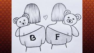 How to draw best friends with a teddy bear in hand