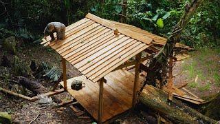 Build a bushcaft house in the rainforest. Finish the roof with wood and floors.