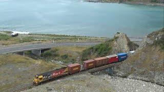 A few KiwiRail trains along the coast (HD)