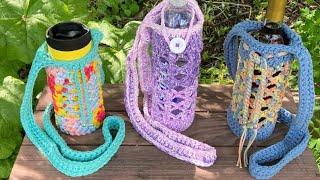 Crochet Water, Wine Bottle, Tumbler Bag, Cozy or Crossbody Tote / 3 sizes!! ~ Part 1 bag & strap