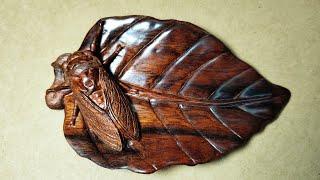 [Wood Sculpture] Cicada and leaves, one leaf sings!