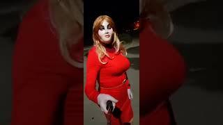Morning walk, stockings, red dress, gold sparkle mask