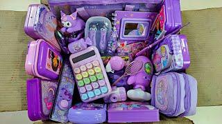 Box full of ultimate fancy purple stationery items, pencil box collection, calculator, sharpener