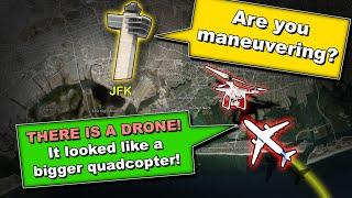 BIG DRONE flies on In front of Airplanes on Final at Kennedy Airport. REAL ATC