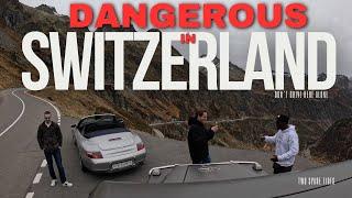 DANGEROUS AND SCARY. DON'T DRIVE HERE ALONE. THE TREMOLA ROAD IN SWITZERLAND, NO PARAPET IN WINTER.