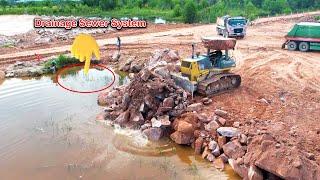 Great Work Heavy Bulldozer KOMATSU D61PX Pushing Mountain Huge Stones In Water Landfilling Up