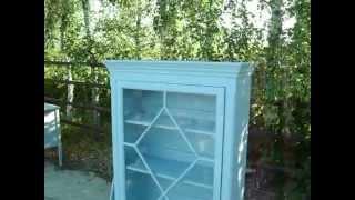 VINTAGE PAINTED SHABBY CHIC GLAZED DISPLAY CUPBOARD DUCK EGG