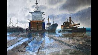 Watercolor painting tutorial- Harbor scene