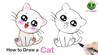 兒童簡筆畫超可愛白色貓咪 How to Draw a Kitty Super Easy！ Easy Drawings for kids【西瓜寶寶學畫畫學英語】兒童繪畫簡筆畫教程