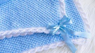 Beautiful Knit Baby Blanket with easy wave border  - Caleb's Baby Blanket Knitting Pattern