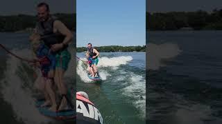 Owen wake surfing with daddy G