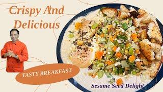 Breakfast bowl, Sesame seed ￼Chutney with mixed vegetable and eggs,perfect breakfast Butter croutons