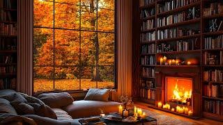 Cozy Autumn Reading Nook Relaxing Fireplace Sounds and Rustling Leaves Falling in Late Autumn