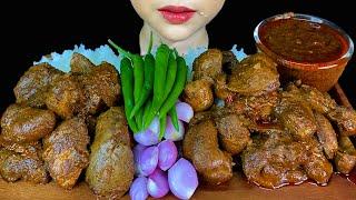 MUKBANG EATING||SPICY CHICKEN LIVER AND GIZZARD CURRY, GREEN CHILLI, ONIONS & WHITE RICE