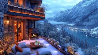 Warm Balcony Winter Space in the Mountains ️ Smooth Jazz Music & Snowy Scene, Fireplace for Relax