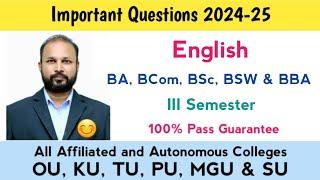 English Important Questions 2024-25 UG Degree III Semester 3rd Sem Imp BA Bcom BSc BBA BSW OU PU