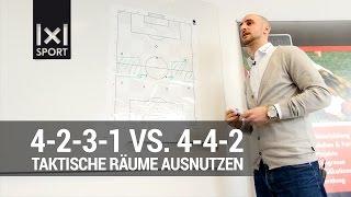 Taktische Räume im 4-2-3-1-System gegen das 4-4-2 System ausnützen. #Fußballtaktik