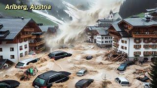 Massive flood due to torrential rainfall in Sankt Anton am Arlberg of Tyrol, Austria