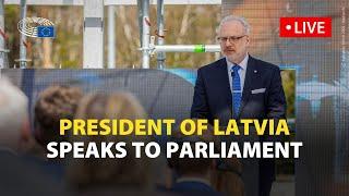 Latvian President Egils Levits addresses the European Parliament