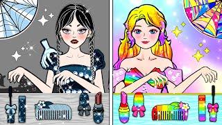 Paper Dolls Dress Up - Black Wednesday Addams & Rainbow Rapunzel Dresses - Barbie Friend Handmade