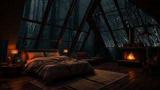 A Cozy Attic Bedroom Rainfall - Fireplace Tranquility  Rainstorms & Thunders for Sleep & Relaxation