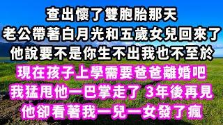 查出懷了雙胞胎那天，老公帶著白月光和五歲女兒回來了，他說要不是你生不出我也不至於，現在孩子上學需要爸爸離婚吧，我猛甩他一巴掌走了，3年後再見，他卻看著我一兒一女發了瘋#追妻火葬場#大女主#現實情感