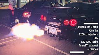 Big flames R34 GTR G42 turbo 2-stepping at a car meet!