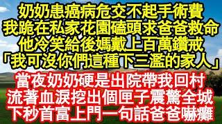 奶奶患癌病危交不起手術費，我跪在私家花園磕頭求爸爸救命，他冷笑給後媽戴上百萬鑽戒：我可沒你們這種下三濫的家人，當夜奶奶硬是出院帶我回村，流著血淚挖出個匣子震驚全城真情故事會||老年故事|情感需求|愛情