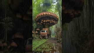 Evolution of Rusty Container Truck Overgrown with Giant Mushrooms to a Parachuting Container Truck