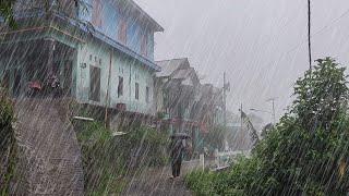 Extreme super heavy rain and strong winds 3 hours, walking in super heavy rain my village, for sleep