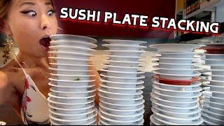 SUSHI PLATE STACKING!! HOW MANY PLATES WILL I EAT? at Kura Sushi in Garden Grove, CA #RainaisCrazy