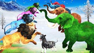 10 Zombie Elephants vs 5 Zombie Lions Fight Cow Cartoon Rescue Saved By Woolly Mammoth Animal Fights