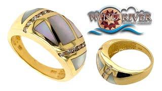 14K Solid Gold Diamonds & Mother Of Pearl Inlay Designer Ring Band