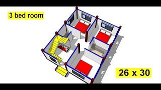 26 X 30 simple 3 bedrooms house plan II 26 x 30 small ghar ka design II 3 bhk house design