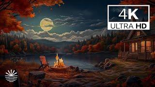 Cozy Autumn Lakeside Cottage, Crackling Campfire & Nature Ambience for Relaxation | 8 Hour loop