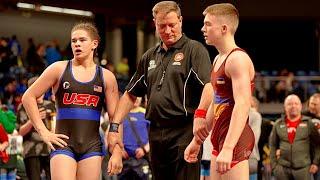 U15 Oleksii Rabovych (UKR) vs David Burchett (USA) 68kg. Greco-roman boys youth wrestling.