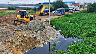 First Starting Opening new action Team work Dump truck Unloading soil Fill Land/Bulldozer pushing