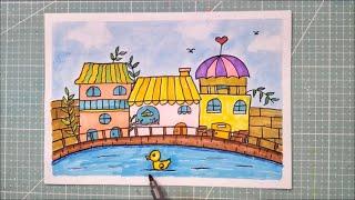 How to draw a small landscape, a house and fill it with color Beginners painting teaching Learn to