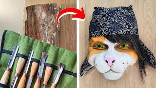 Making a decorative wooden cat mask with BeaverCraft Tools gouges, ASMR Wood Carving experience