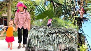 Mother tries to work hard to complete the roof with palm leaves in the eagerness of her daughter