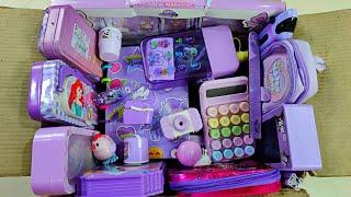 great purple collection of stationery, LED pencil box, calculator, sipper bottle, pencil sharpener